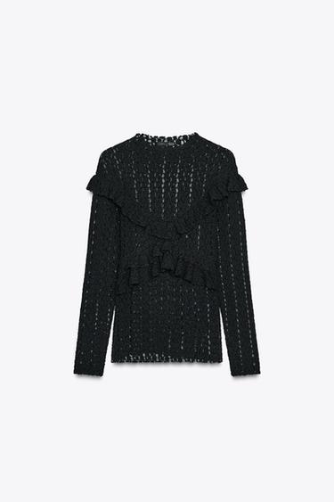 Zara RUFFLED LACE TOP - Black