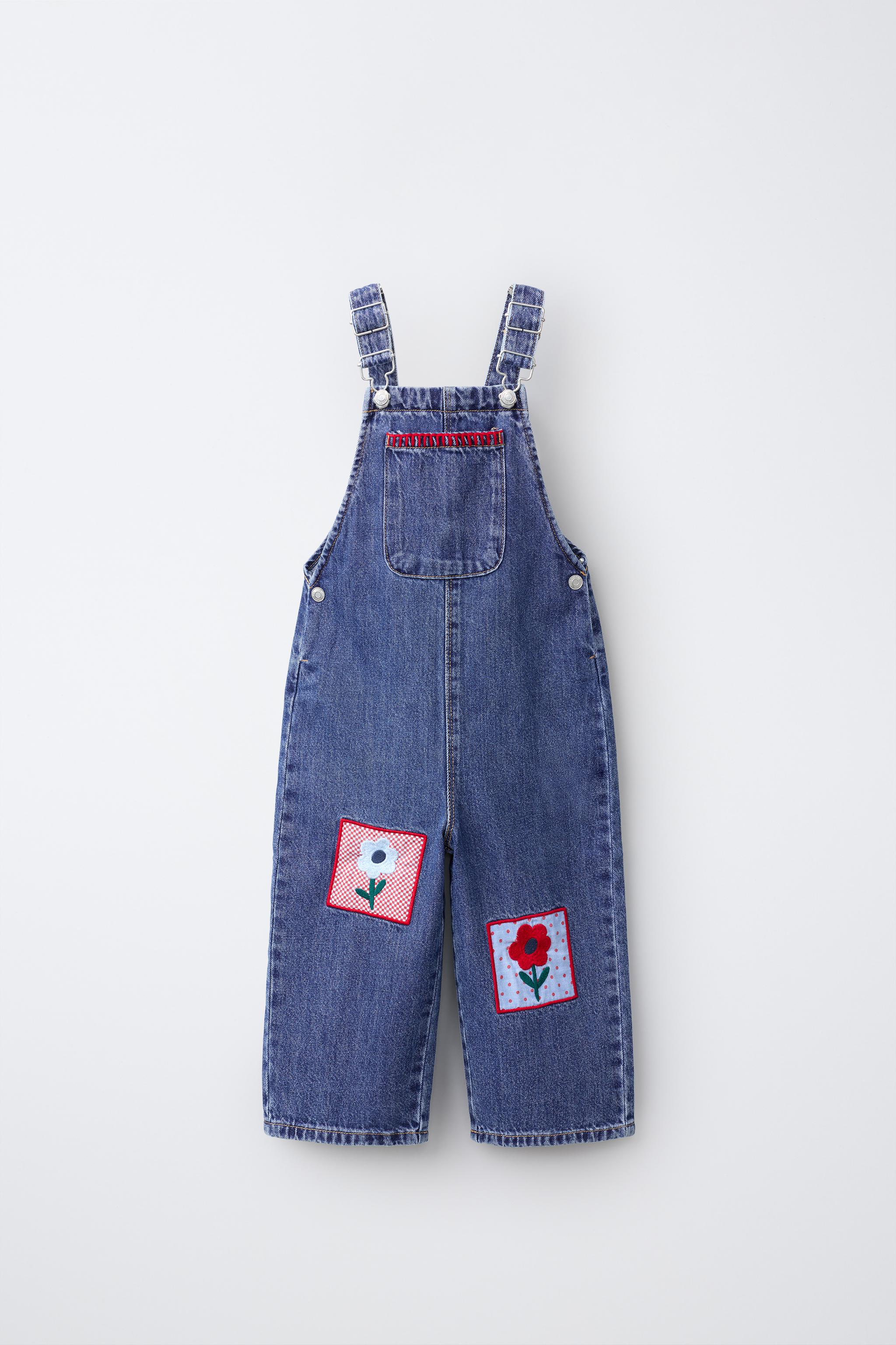 EMBROIDERED FLORAL LONG DENIM OVERALLS — Blue
