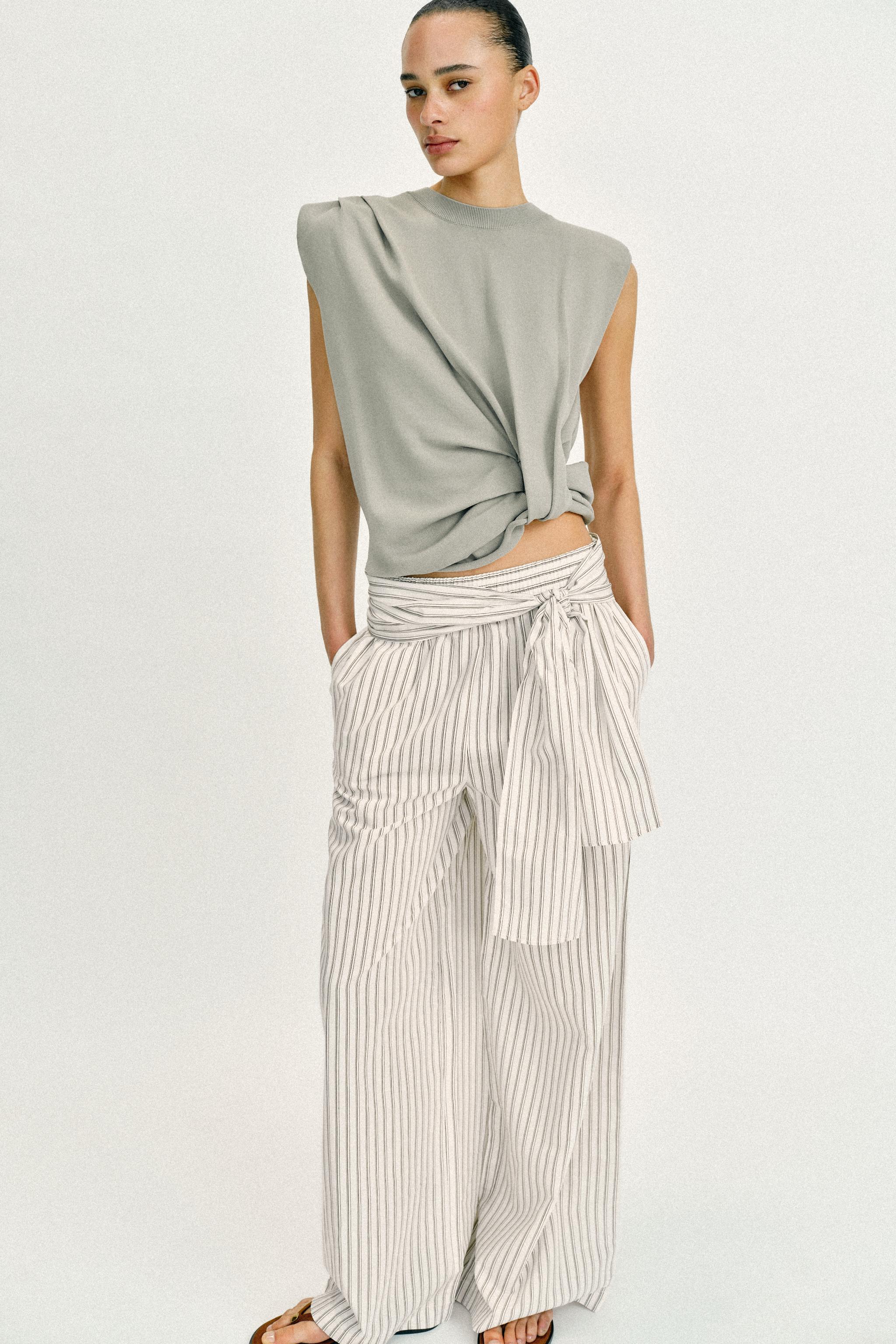 WIDE-LEG TROUSERS WITH SCARF DETAIL — Ecru / Brown