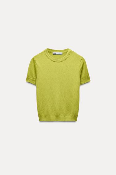 BASIC PLAIN KNIT SHORT SLEEVE TOP - Lime by Zara