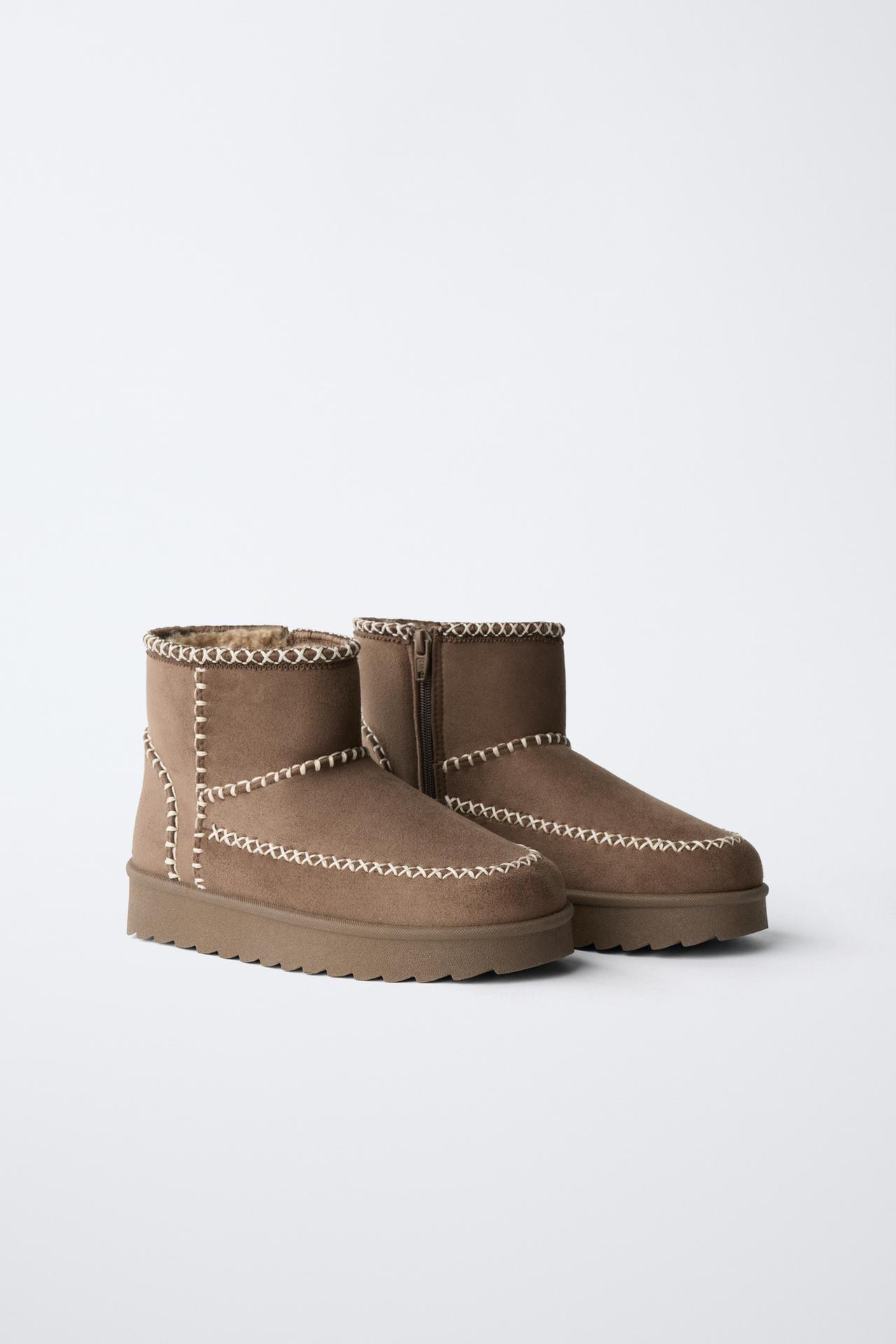 FAUX FUR ANKLE BOOTS WITH TOPSTITCHING — Brown