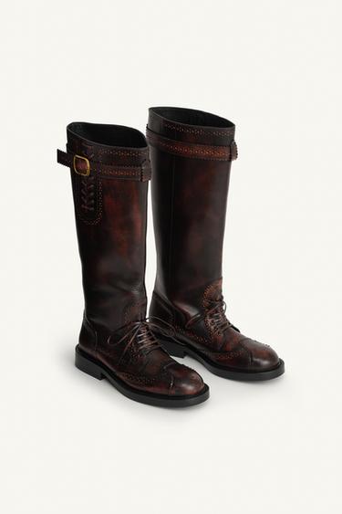 Zara PERFORATED LEATHER TALL BOOTS LIMITED EDITION - Brown