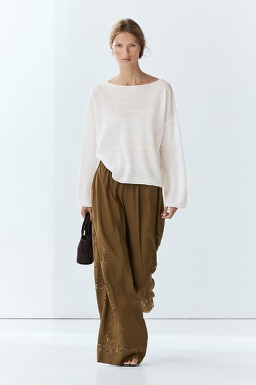 Pantalón ancho fluido detalle bordados - Khaki de Zara - Imagen 0