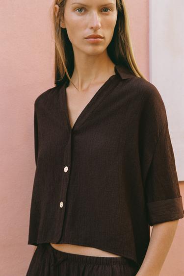 SHORT SLEEVE FLOWING SHIRT - Dark brown by Zara