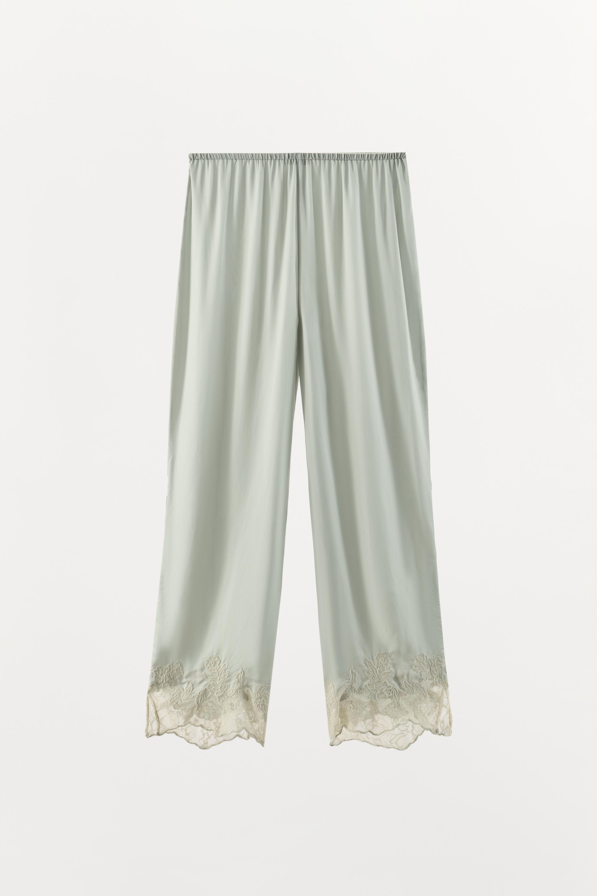 SATIN EFFECT LACE EMBROIDERED PANTS