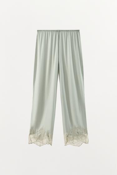 Zara SATIN EFFECT LACE EMBROIDERED PANTS - Greenish