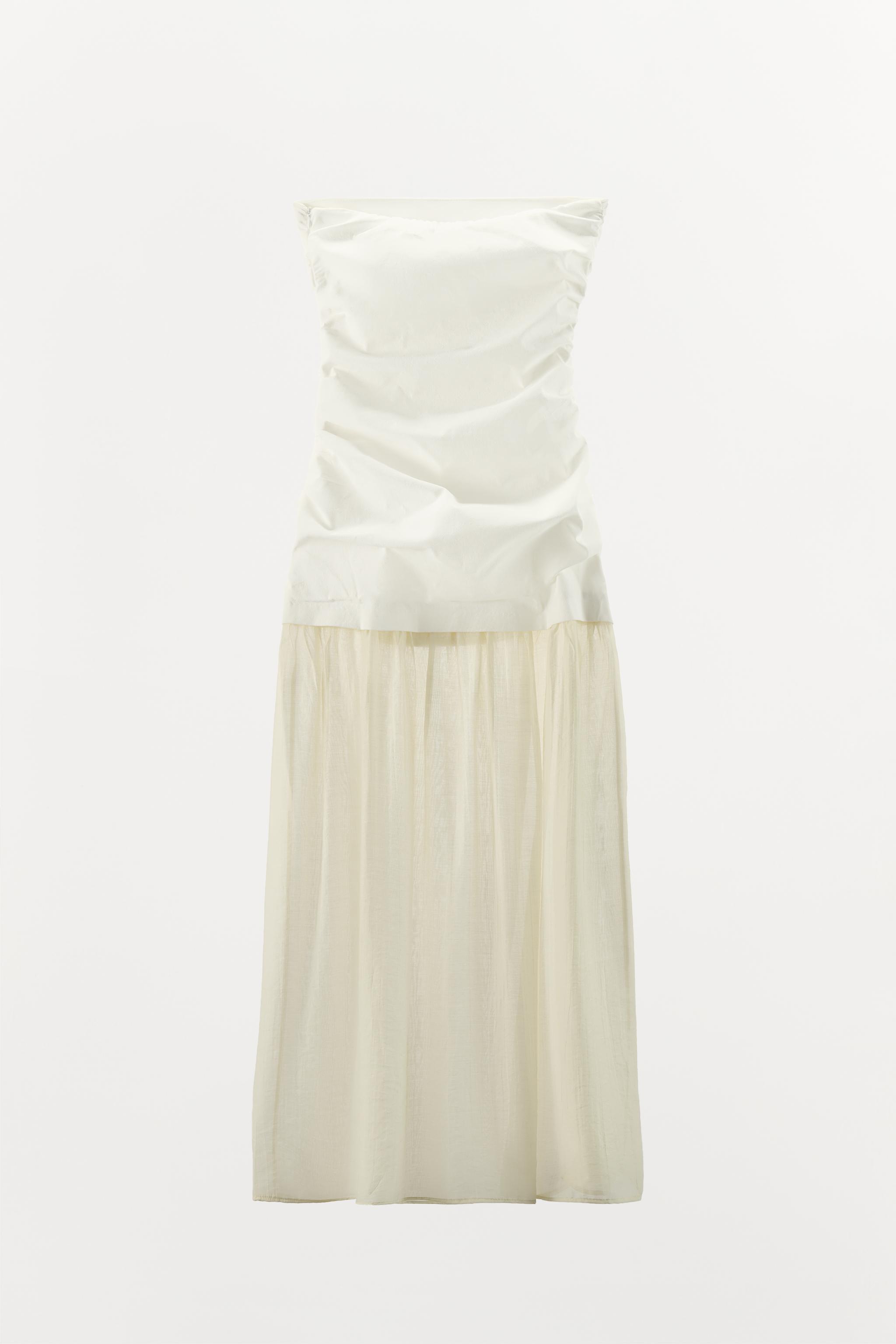 【ZARA】コンビ素材オフショルダードレス エクリュ 3152/373/712 COMBINATION STRAPLESS MIDI DRESS - Ecru | ZARA United States