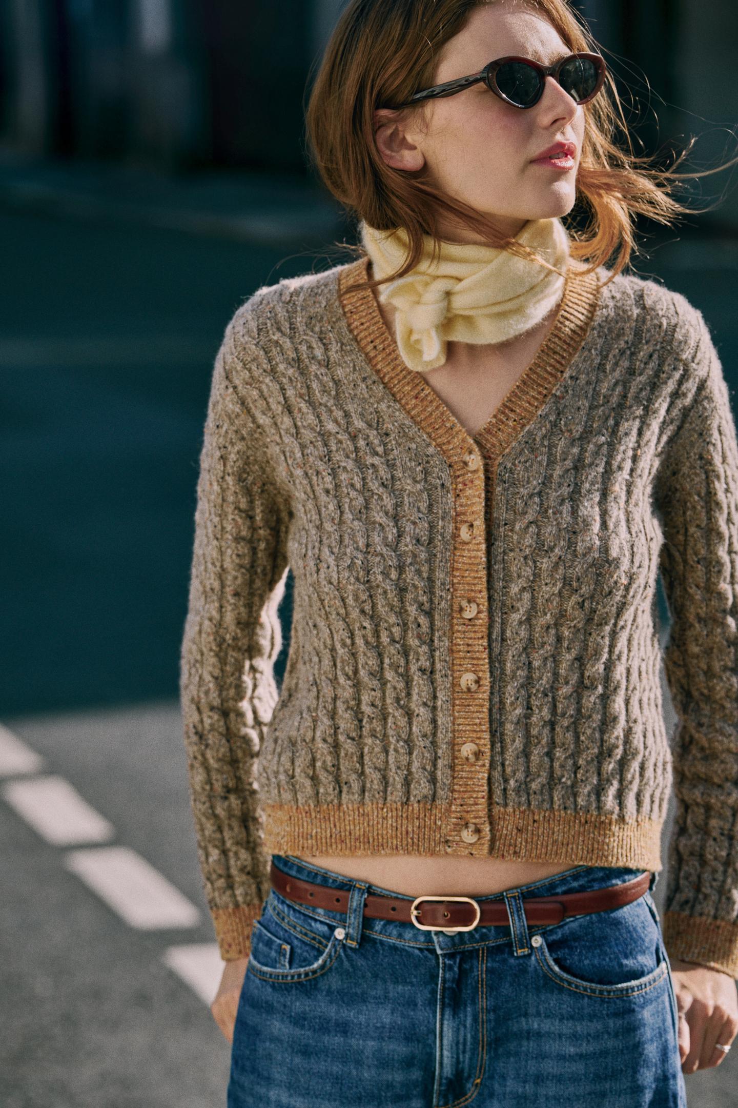 Женский кардиган Zara Wool Cable-Knit, цвет: Коричневый / Серо-коричневый — фото 2
