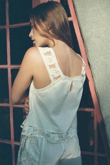 Zara LIMITED EDITION EMBROIDERED LACE STRAPPY TOP - Oyster-white