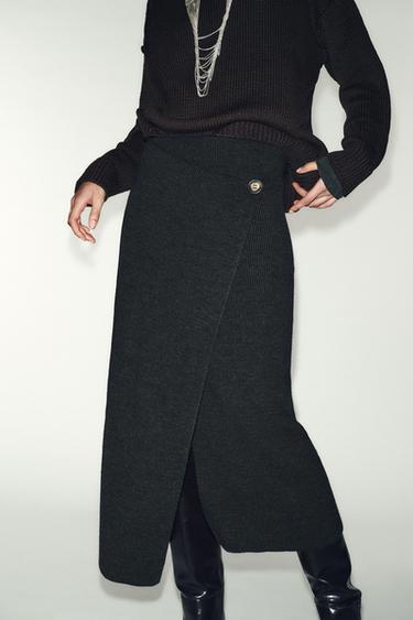 WRAPOVER KNIT MIDI SKIRT - Dark grey by Zara