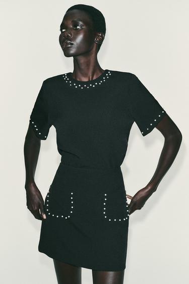 Zara 珍珠綴飾迷你裙 - 黑色