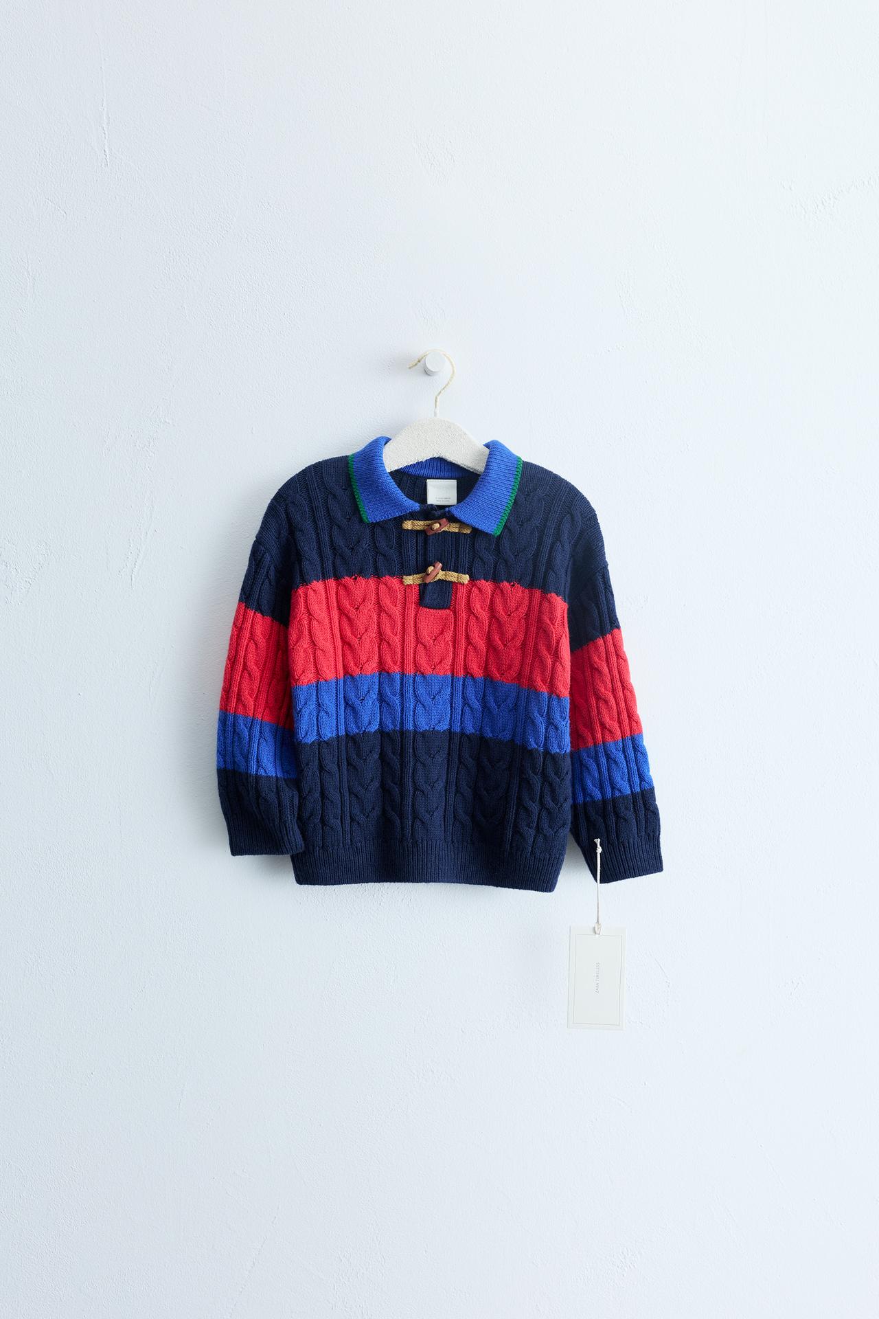 ZARA TIMELESS - COTTON AND WOOL CABLE-KNIT POLO JUMPER — Dark navy