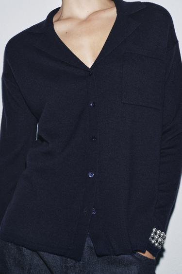 OVERSIZED EXTRA SOFT 100% WOOL POLO CARDIGAN - Navy blue by Zara - Image 3