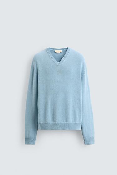 COTTON - LINEN V-NECK JUMPER LIMITED EDITION - Light blue by Zara