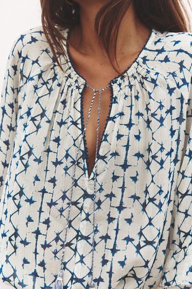 PRINTED BLOUSE WITH METALLIC THREAD - Ecru / Blue by Zara - Image 4