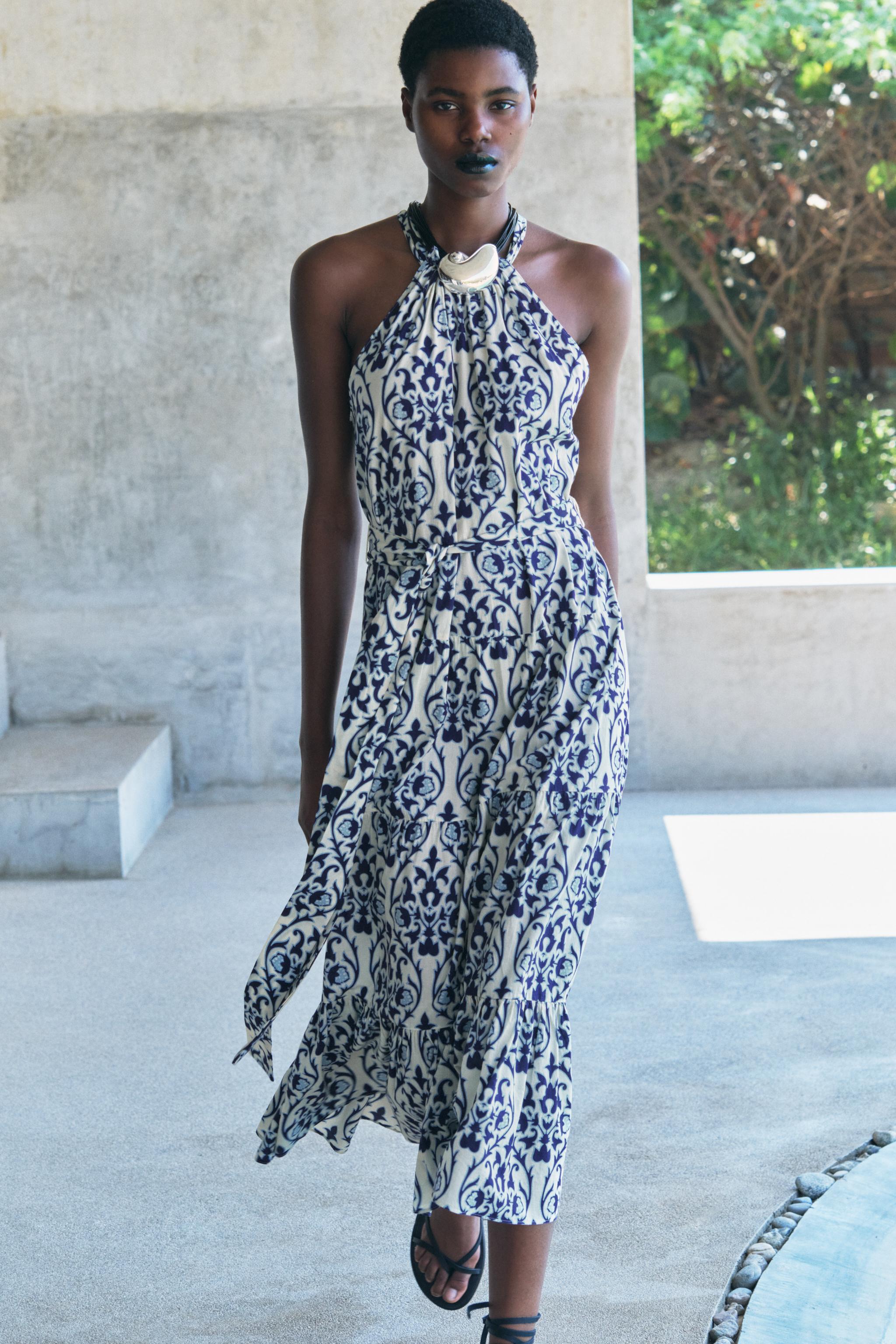 PRINTED HALTER DRESS ZW COLLECTION - Blue / White | ZARA United States