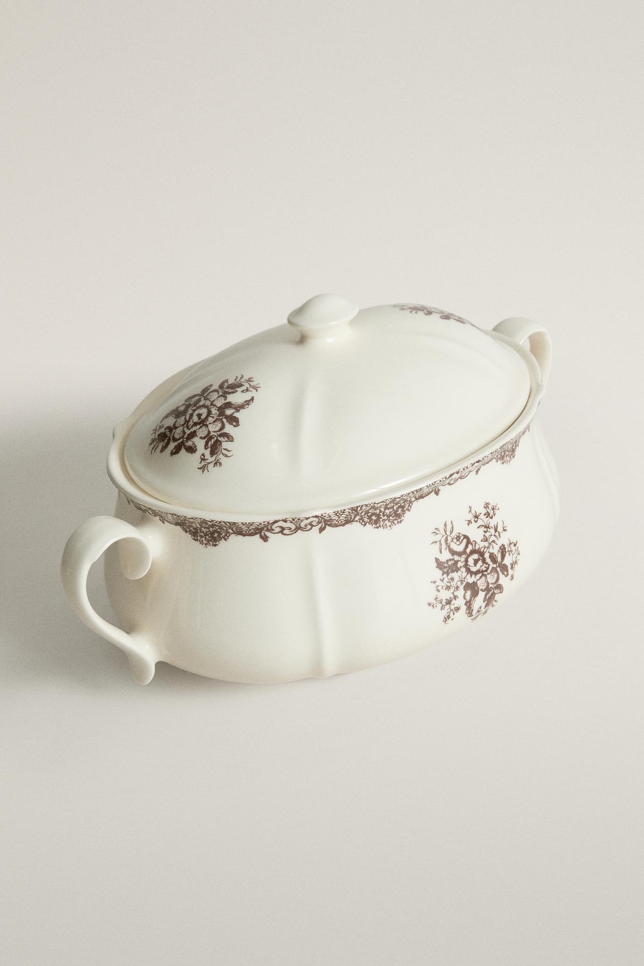 FLORAL EARTHENWARE TUREEN — Brown