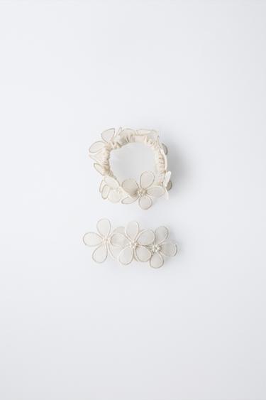 PACK OF SNAP-CLIP AND HAIR BAND WITH FLOWERS AND FAUX PEARLS - Ecru by Zara