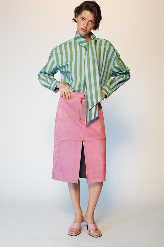 CAMISA LISTRADA COM LAÇO - Verde / Azul da Zara - Imagem 0