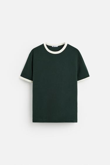 Zara BASIC CONTRAST RIBBED T-SHIRT - Dark green