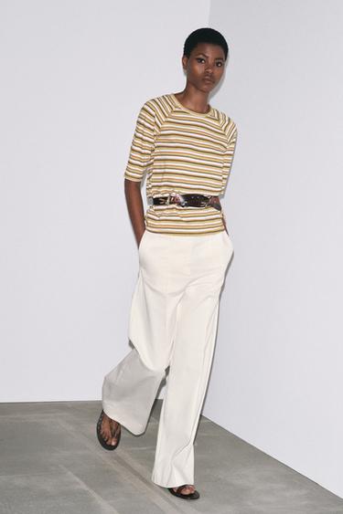 Zara STRIPED T-SHIRT - Ecru / Green - Image 0