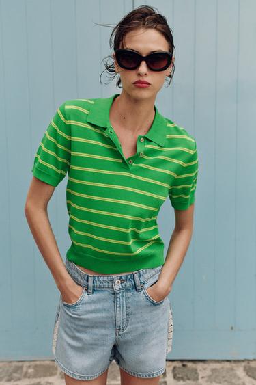 POLO EN MAILLE À RAYURES ET MANCHES COURTES - Vert de Zara