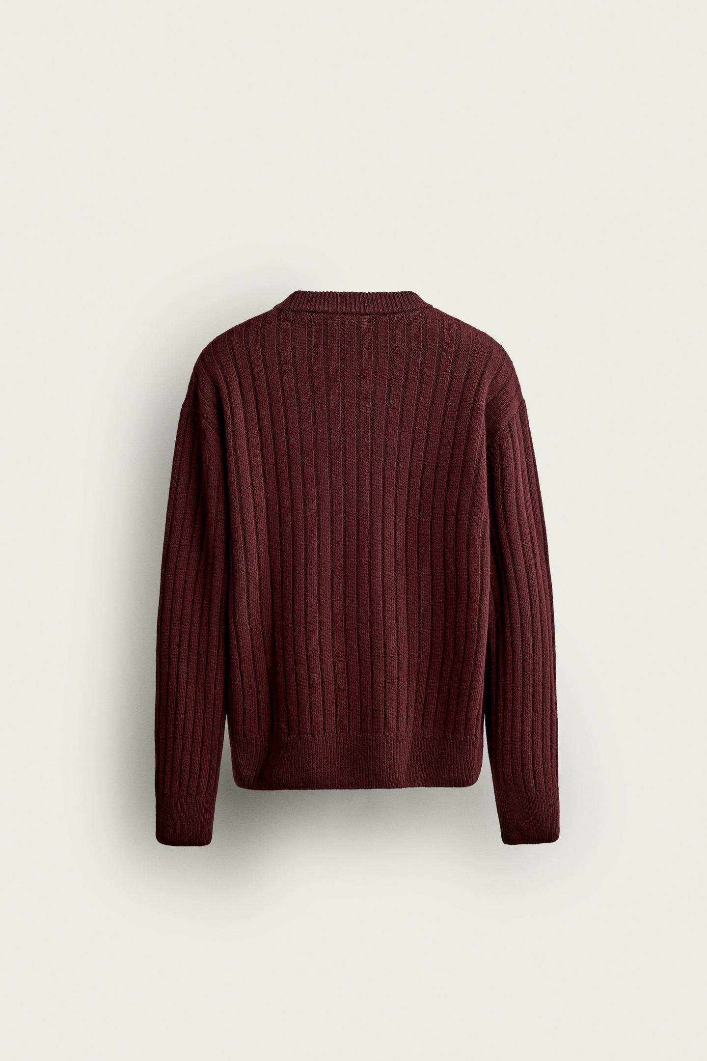 Мужской свитер Zara 100% Wool Ribbed, цвет: Бордовый — фото 8