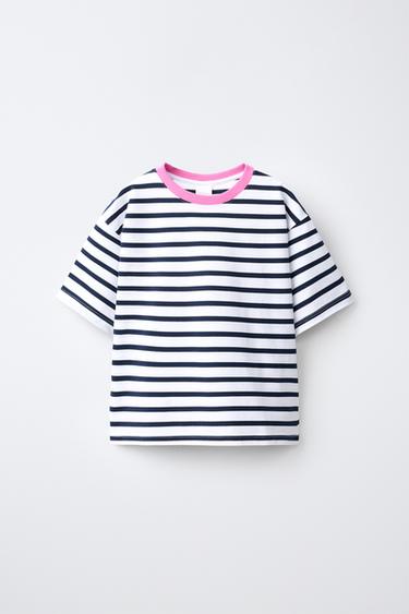 CAMISETA RAYAS CUELLO CONTRASTE - Marino de Zara