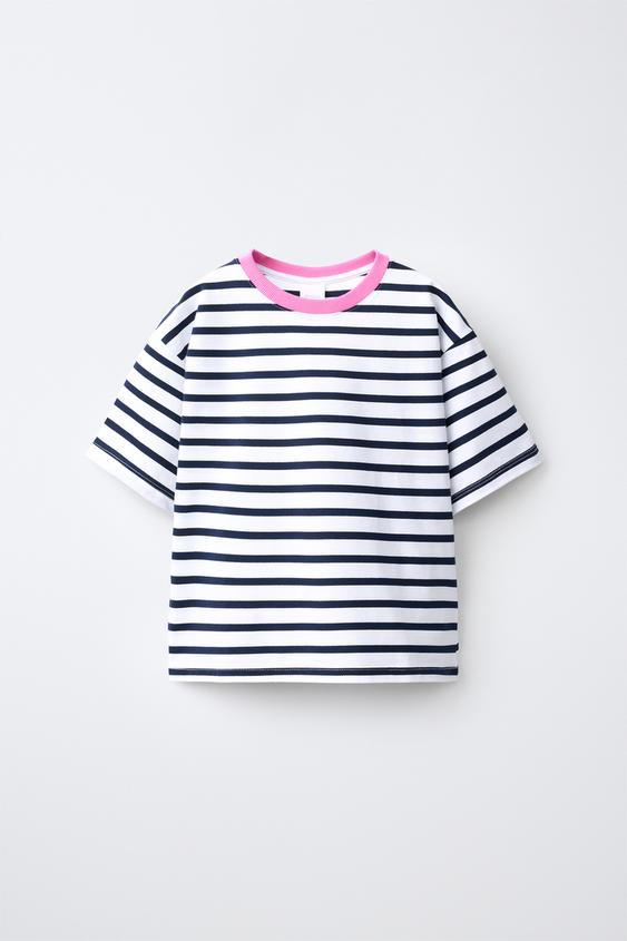 CAMISETA RAYAS CUELLO CONTRASTE - Marino de Zara - Imagen 0