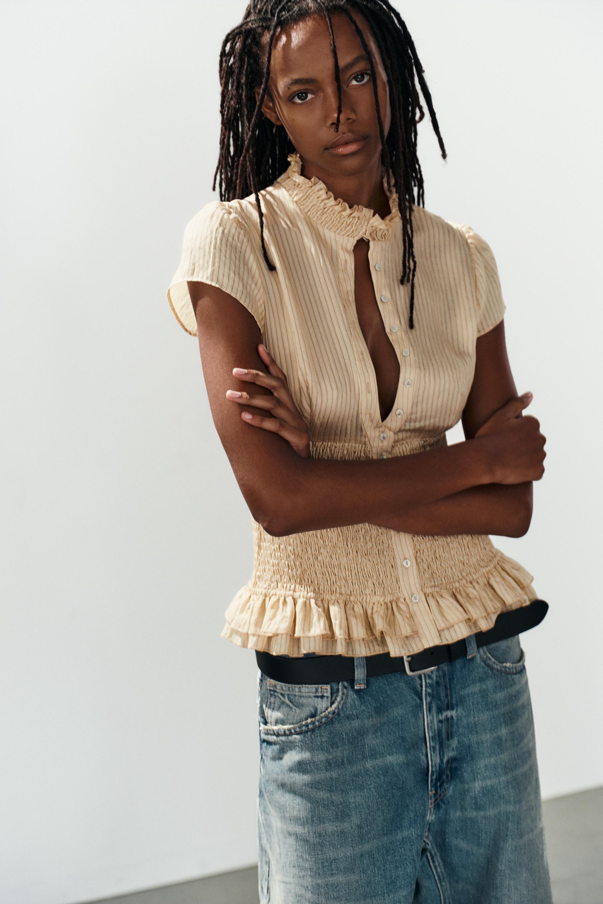 SMOCKED RUFFLE SHIRT — taupe brown
