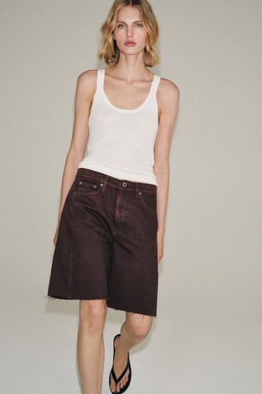 Zara ZW COLLECTION RELAXED MID-RISE DENIM BERMUDA SHORTS - Dark maroon
