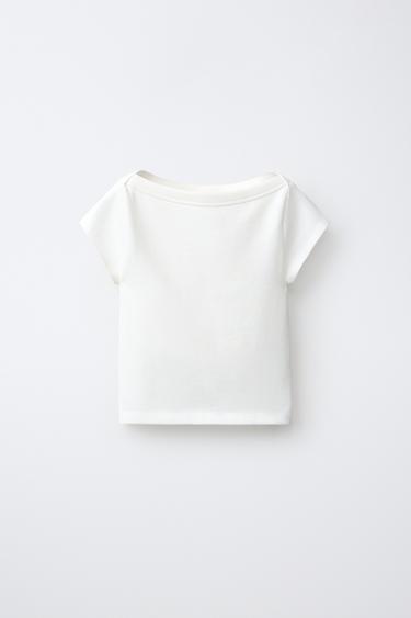 CAMISETA RIB CUELLO BARCO - Blanco roto de Zara