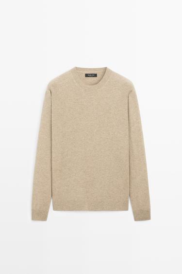 Wool blend round neck knit sweater — Beige / Green 1