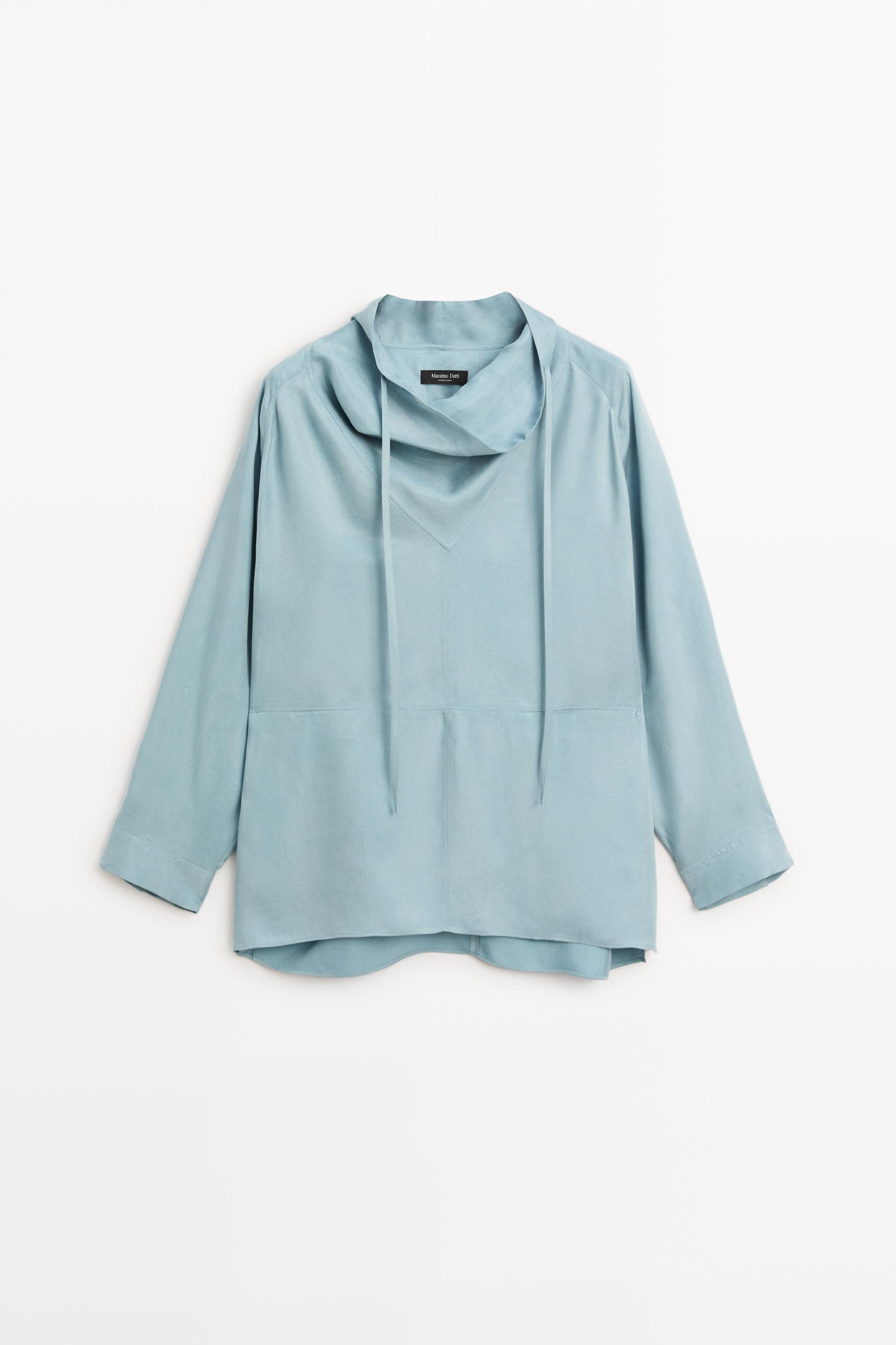 Flowing shirt with high collar and drawstring detail