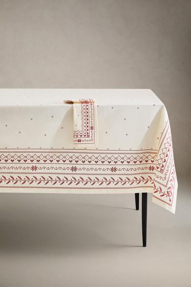 BAWEŁNIANY OBRUS Z NADRUKIEM ŚWIĄTECZNYM - Czerwono-biały Zara