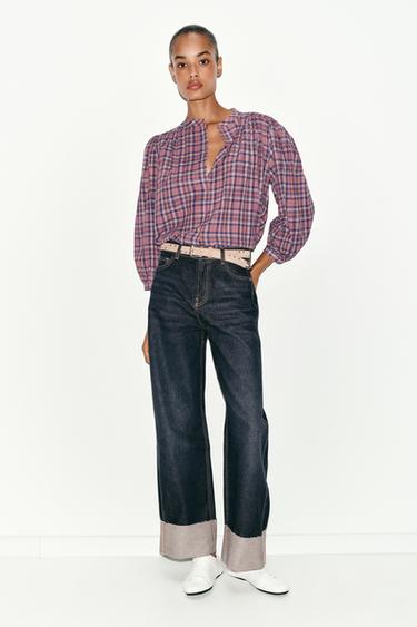 ROUND NECK CHECK BLOUSE - Multicoloured by Zara