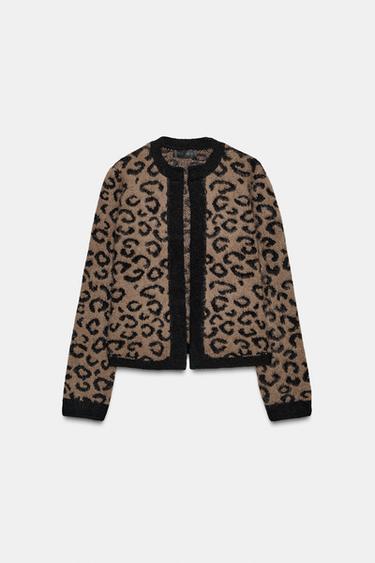 Zara ANIMAL JACQUARD KNIT CARDIGAN - Leopard