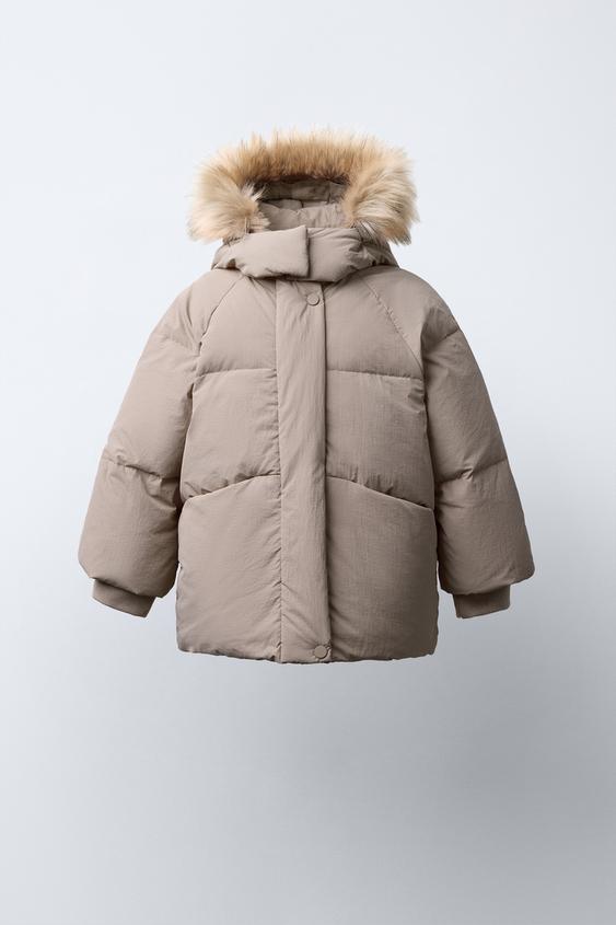 WATER-REPELLENT FEATHER DOWN JACKET WITH DETACHABLE FAUX FUR HOOD