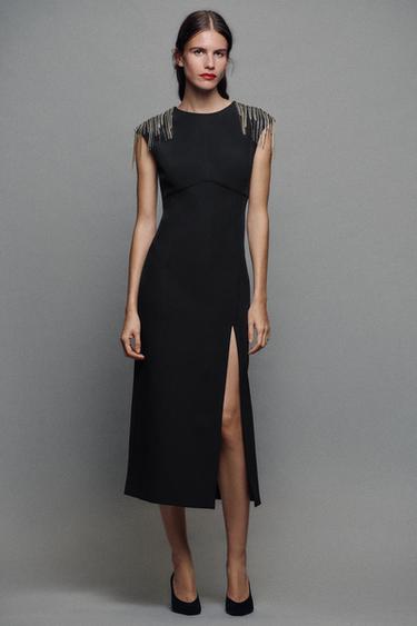 Zara FRINGED RHINESTONE MAXI DRESS - Black