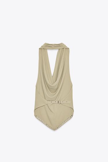 STUDDED HALTER TOP - Grey green by Zara - Image 2