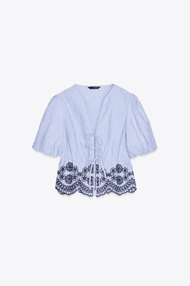 STRIPED EMBROIDERED TOP - Blue / Indigo by Zara