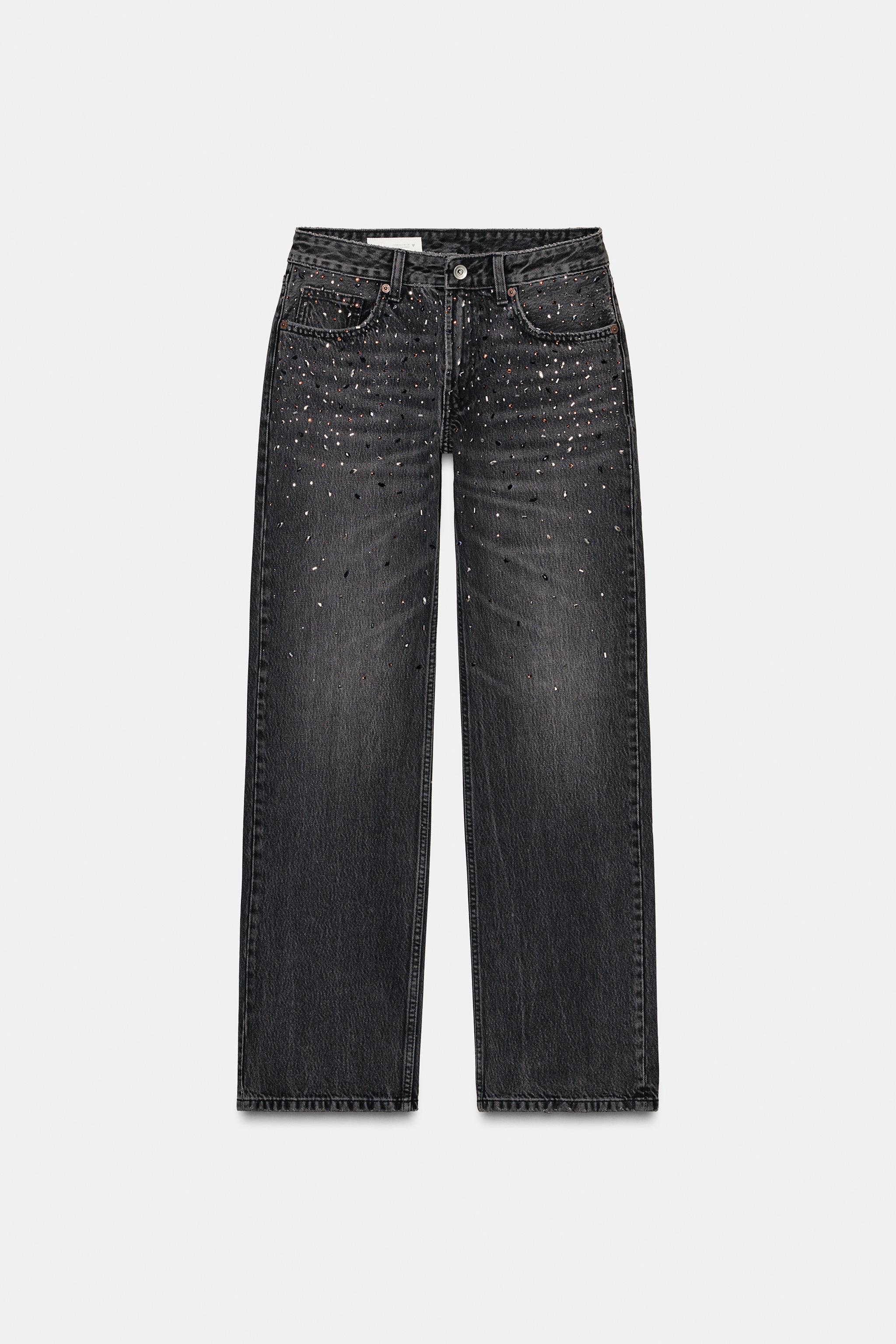TRF LOW RISE RHINESTONE STRAIGHT JEANS - Black | ZARA United States