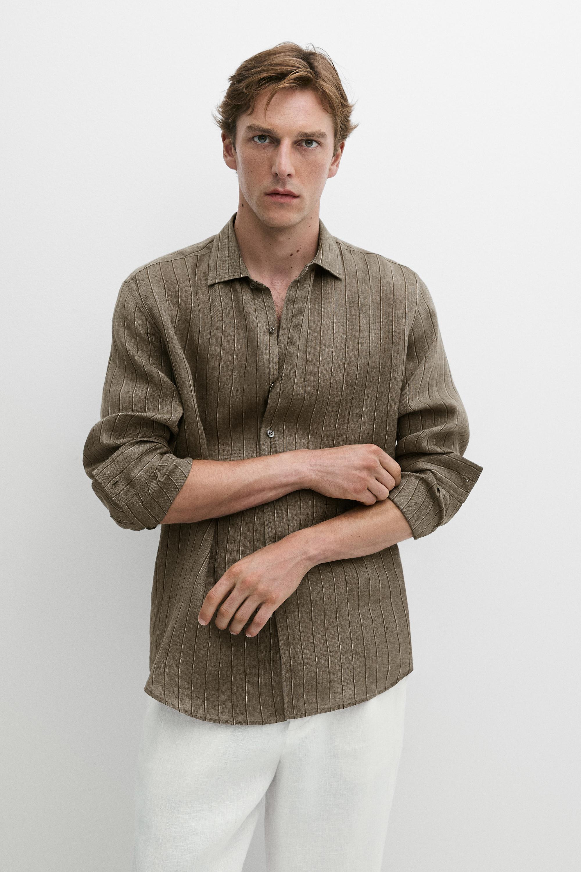 100% linen regular fit striped shirt — Dark green