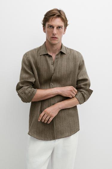 Camisa rayas regular fit 100% lino - Verde oscuro de Zara