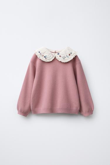 KNIT SWEATER WITH PETER PAN COLLAR AND FLOWERS - Mid-pink by Zara - Image 0