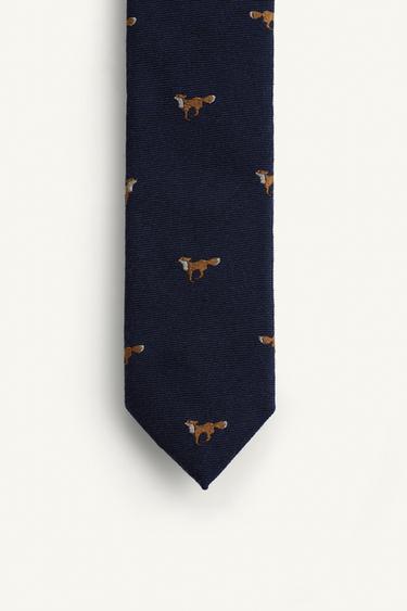 LIMITED EDITION WOOL AND SILK TIE WITH EMBROIDERED FOXES - Dark navy by Zara - Image 2