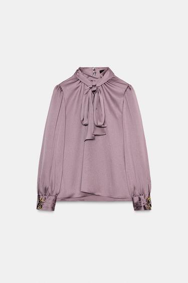 SATIN SHIRT WITH BOW - Mauve by Zara - Image 7