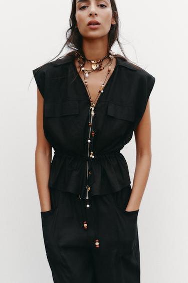 SAFARI TOP WITH BELT IN A LINEN BLEND - Black by Zara