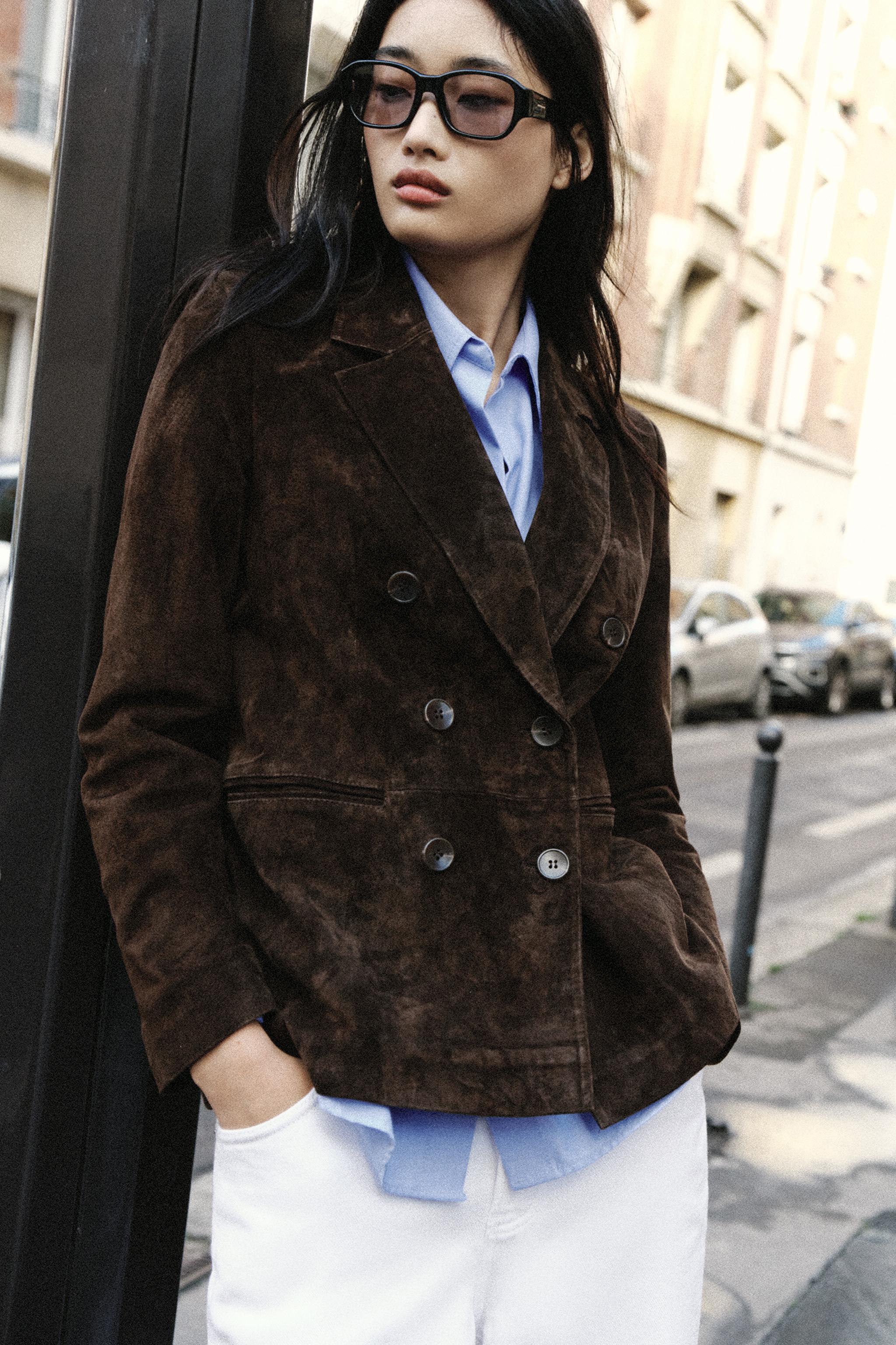 DOUBLE-BREASTED 100% SUEDE LEATHER BLAZER