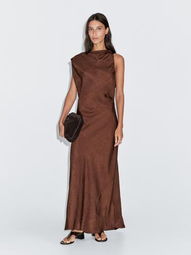 Zara Long satin dress with open back - Brown marl - Image 0